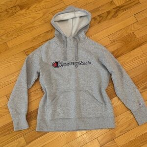 Champion Light Gray Hooded Sweatshirt with Script Logo - Medium